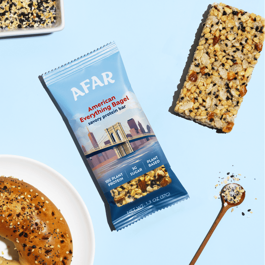 Afar's Everything Bagel protein bar is savory, crispy, and low sugar. Each bar is vegan and gluten-free, packing 10g protein and only 3g sugar. They're great to snack on whenever, wherever - in the office, on the road, after a workout, or in place of a meal. The perfect healthy snack for adults!