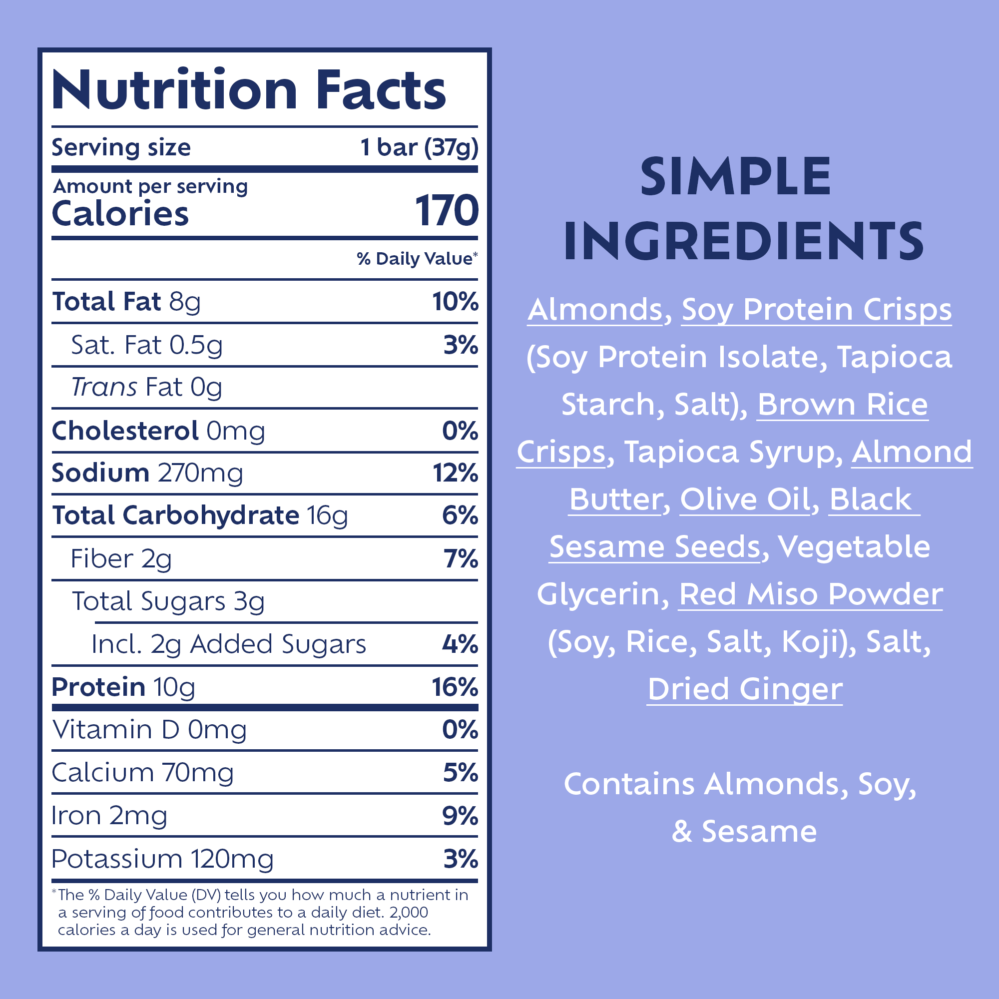 Afar's Japanese Miso protein bars have 170 calories, 8g fat, 270mg sodium, 16g carbs, 2g fiber, 3g sugar, and 10g protein each.