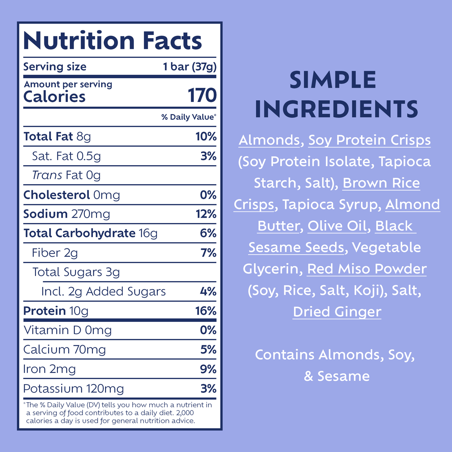 Afar's Japanese Miso protein bars have 170 calories, 8g fat, 270mg sodium, 16g carbs, 2g fiber, 3g sugar, and 10g protein each.