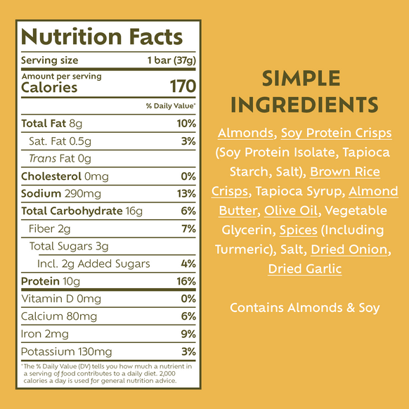 Afar's Indian Masala protein bars have 170 calories, 8g fat, 290mg sodium, 16g carbs, 2g fiber, 3g sugar, and 10g protein each.