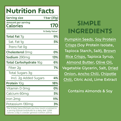 Afar's Mexican Chili Lime protein bars have 170 calories, 7g fat, 290mg sodium, 16g carbs, 2g fiber, 3g sugar, and 10g protein each.